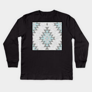 Aqua And Grey Kilim - Linen Texture Kids Long Sleeve T-Shirt